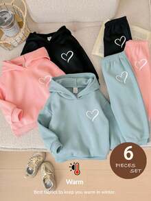 LMoss Kids Conjunto de moletom com capuz e leggings com estampa de corações, 6 peças, cor sólida, para meninas. Ideal para irmãs. Estilo confortável para outono e inverno. Roupa aconchegante para o inverno. Moletom com capuz, blusa de manga comprida, conjunto para ficar em casa. - Multicolorido - Ver 7