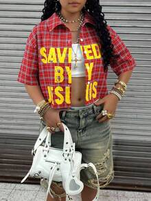 Rovax Plus Size Women Plaid Slogan Print Cropped Drop Shoulder Short Sleeve Shirt - Red - View 4