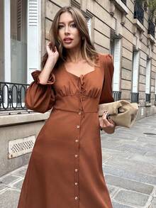 Chiquease Vestido de manga larga con abertura frontal de unicolor y estilo francés minimalista para mujer - Café - Ver 4