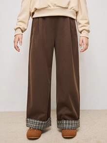 Tween Girls' Elastic Waist Patchwork Plaid Hem Wide Leg Casual Pants - Coffee Brown - View 3