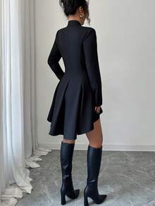 Elenzga 优雅通勤时尚百搭纯黑色 V 领插肩长袖，腰部收紧不对称下摆荷叶边女式常规夹克 - 黑色 - 查看 2