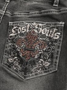 ROMWE Grunge Punk Quần jean nữ có túi thêu chữ loe - màu đen - Xem 2