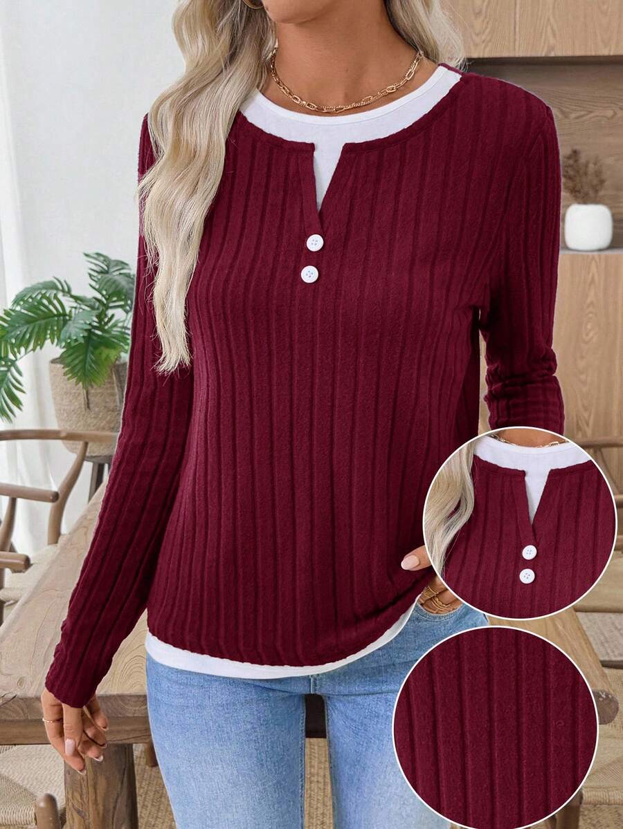 EMERY ROSE Women's Button Design Long Sleeve Ribbed Casual T-Shirt,Red Top,Fall,Fall Clothes For Women - Burgundy - View 1