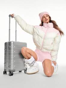 GLOWMODE 时尚温暖寒冷粉碎闪亮哑光饰面防风领口袖口拉链口袋短款羽绒夹克秋冬户外滑雪日常休闲装 - 白色 - 查看 7