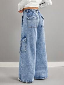 Pantalon cargo en jean bleu ample à taille haute et jambes larges avec boucle, style Y2K délavé clair pour préadolescentes. Pantalon streetwear vintage confortable et polyvalent, convenant aux filles de 8 à 12 ans, pour l'école, la maison et les voyages - Jean bleu - Voir 2