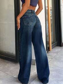 SHEIN Tall 100% Cotton Low Waist Wash Detailed Wide Leg Jean - Light Wash - View 2