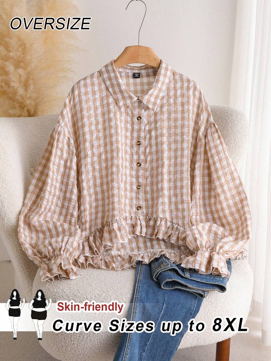 SHEIN CURVE+ 大码休闲办公室格子灯笼袖衬衫，女士秋季服装 - 卡其色 - 查看 1