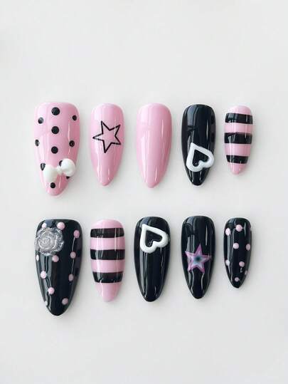 Anime 10pcs Cute Bowknot Music Note Star Element High Quality Handmade False Nails + 3pcs Double-Sided Adhesive, Y2K French Style Rhinestone Chain Polka Dot Removable Nail Art Stickers, Suitable For Holidays, Parties, Dancing And Daily Wear