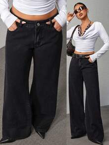 SHEIN PETITE 女士口袋宽松阔腿休闲百搭牛仔裤 - 黑色 - 查看 7