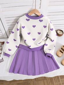SHEIN 青少年女孩可爱紫心提花针织毛衣 + 裙子两件套，休闲日常时尚百搭针织套装女秋冬装 - 紫色 - 查看 2