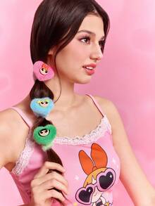 THE POWERPUFF GIRLS X SHEIN 3pcs/Set Fashionable & Cute Blossom & Bubbles & Buttercup Heart Plush Hair Scrunchies, Elastic Hair Ties For Women & Girls,Y2K - Multicolor - View 2