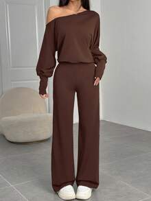 SHEIN EZwear 女士时尚休闲露肩长袖棕色连体裤，秋季 - 棕色 - 查看 3