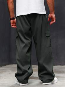 Manfinity Homme Men Plus Size Solid Color Drawstring Cargo Pants With Pocket, Casual Style, Fall - Grey - View 2