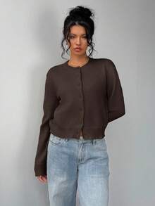 SHEIN BASICS 休闲纯色圆领长袖宽松短款女式毛衣开衫秋冬女装 - 咖啡棕 - 查看 3