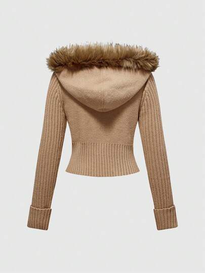 Fairycore Cardigan tricoté avec capuche et col en fausse fourrure de chameau pour femmes, veste pull slim zippée courte avec torsade vintage, automne/hiver