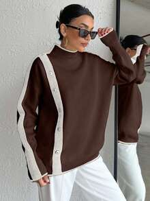SHEIN Cottnline Casual Color Block Stand Collar Sweater, Autumn/Winter - Brown - View 3
