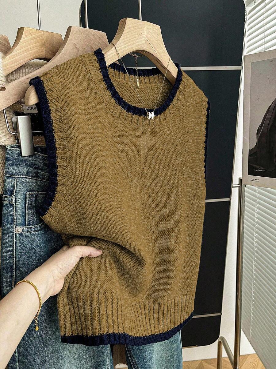 Franclia Casual Loose Crew Neck Sleeveless Knit Contrast Trim Khaki Sweater Top For Women, Spring/Autumn - Ginger - View 1