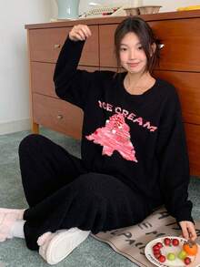 DAZY Christmas Tree Pattern Loose Long Sleeve Top & Pants 2 Pieces Pajama Set For Women, Autumn/Winter Thermal Lined, Cozy Clothes - Black - View 6