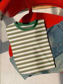 Resyla Women's Casual Striped Short Sleeve Cropped T-Shirt, Summer - Multicolor - View 3