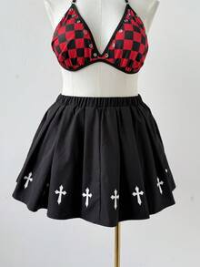 Sunspun 加大码黑色束腰宽松半身裙，十字架装饰，简约朋克风格，百搭黑色短裙 - 黑色 - 查看 5