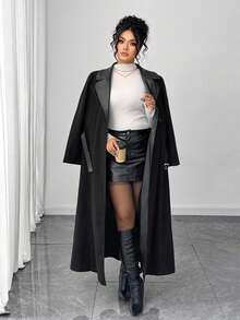 Elenzga 大码女装时尚简约商务通勤优雅休闲日常百搭前片皮革拼接纽扣腰带修身纯色夹克 - 黑色 - 查看 2