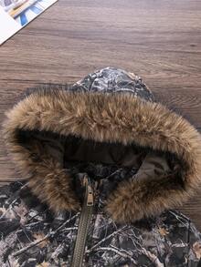 Young Girls Winter Hooded Faux Fur Collar Cinched Waist Padded Coat, Designer High Waist Ribbed Thick Sports Camouflage Digital Print Long Sleeve Fashionable Padded Coat - Army Green - View 6