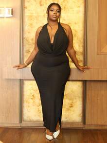 Hourglow Ceceforeign_ Plus Size Women's Minimalist Basic Dress, Elegant Ruched Front Halter Slit Backless Long Dress For Dating, Vacation, School, Formal Occasions, Black, Autumn,Birthday Dresses For Women, For Hourglass Body Shape, For Body Shape, For Summer - Black - View 8