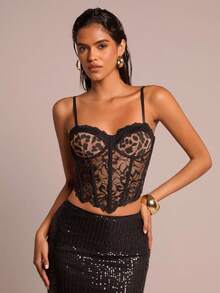 SHEIN Glamour 性感豹纹撞色蕾丝钢圈鱼骨花吊带背心女 - 彩色 - 查看 5