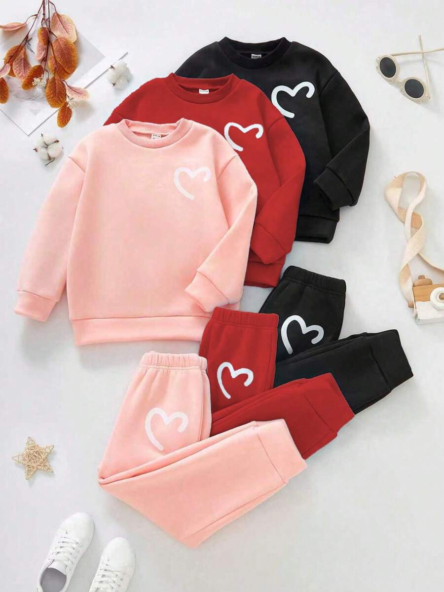 SHEIN Elladie kids 女童淺粉色秋季家庭套裝 心形印花休閒套頭衛衣+運動長褲 2件套,百搭日常校園穿搭外套套裝 - 彩色 - 查看 1