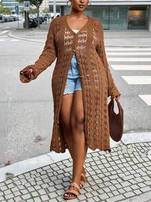 Slaydiva 2025 Nueva llegada, cárdigan de punto con mangas acampanadas, escote en V sexy y elegante, cómodo y calado para principios de otoño - Óxido marrón - Ver 2