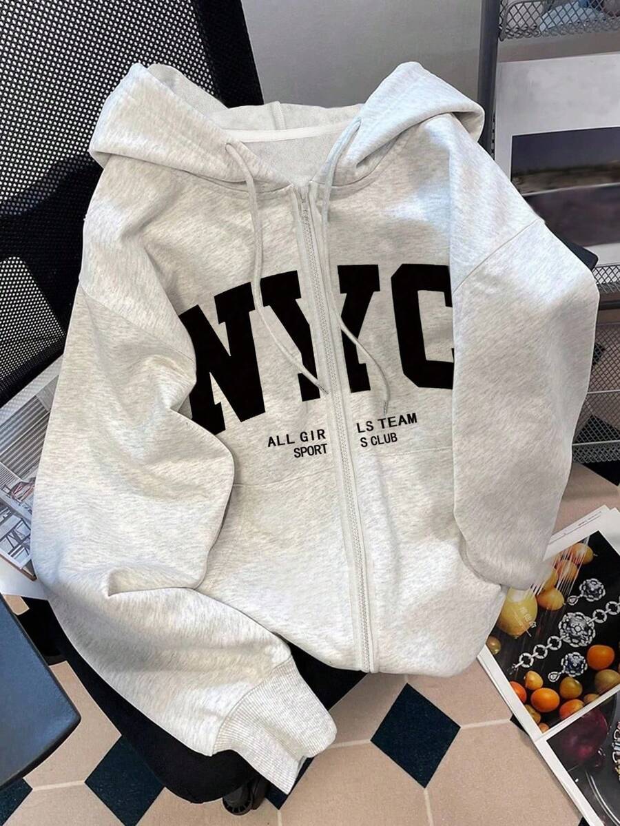 Manfinity Dauomo 男士休闲印花字母拉链连帽衫，时尚街头风，百搭日常穿搭，适合秋季、返校、摄影、派对等场合，长袖上衣