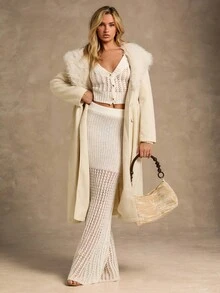 SHEIN Glamour 女士纯色镂空落肩长袖短款针织开衫 - 米色 - 查看 6