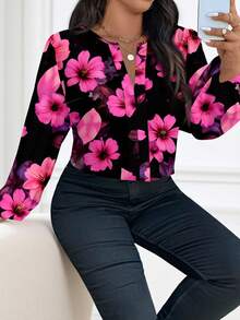 Reflora Bluzka z długim rękawem i nadrukiem kwiatowym w dużym rozmiarze, elegancka i swobodna, odpowiednia na wiosnę/lato - Wyrazisty róż - Zobacz 6