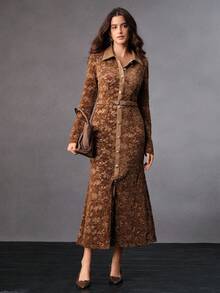 Anewsta High-End Design Autumn/Winter Lace Patchwork PU Leather Metal Button Embellished Slim Fit Dress - Coffee - View 5