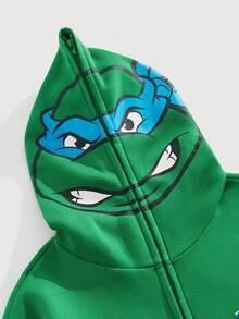 ROMWE MEN TEENAGE MUTANT NINJA TURTLES X ROMWE 男士休闲字母和海龟印花拉链连帽卫衣，秋季款，长袖上衣 - 綠色 - 查看 2