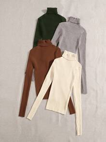 Franclia 4pcs/Set Casual Solid Color Turtleneck Sweaters, Autumn/Winter - Multicolor - View 2