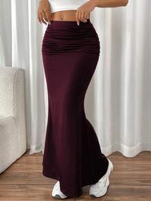 SHEIN PETITE 性感百搭修身褶裥侧鱼尾下摆弹力针织半身裙，适合秋冬季节穿着，女士长裙 - 中紫紅色 - 查看 1