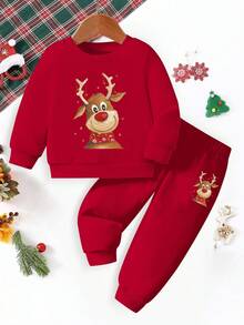 SHEIN 2 Peças/Conjunto Casual Infantil/Bebê Unissex - Moletom de Manga Longa com Estampa Fofa de Rena e Calça de Moletom, Confortável e Fashion para Outono/Inverno/Primavera