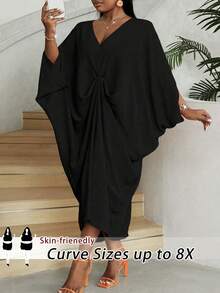 SHEIN CURVE+ 大码女式 V 领蝙蝠袖褶皱宽松优雅连衣裙，春秋季 - 黑色 - 查看 1