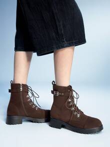 Sugerpunk Women's Retro Round Toe Lace-Up Chunky Heel Short Boots, Fashion Model Elegant Versatile Winter Mid-Calf Boots