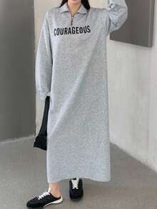 SHEIN Áo đầm nỉ dài tay in chữ màu xám cho bé gái tuổi teen, kiểu dáng thường ngày, dễ phối đồ, phù hợp cho mùa tựu trường, thu/đông. - Xám - Xem 1