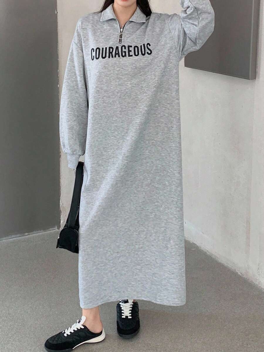 SHEIN Áo đầm nỉ dài tay in chữ màu xám cho bé gái tuổi teen, kiểu dáng thường ngày, dễ phối đồ, phù hợp cho mùa tựu trường, thu/đông. - Xám - Xem 1