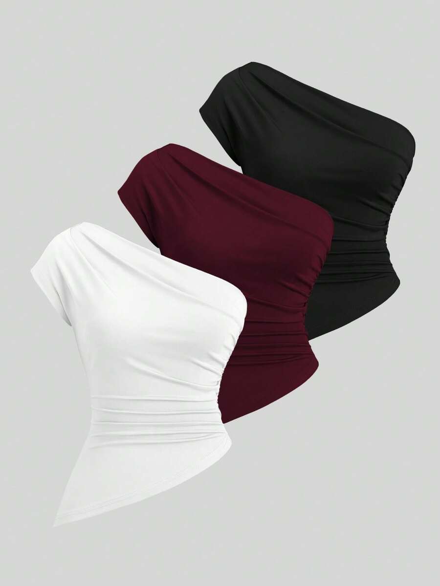 Sweetra Conjunto de top asimétrico con hombro fruncido elegante para mujer - Multicolor - Ver 1