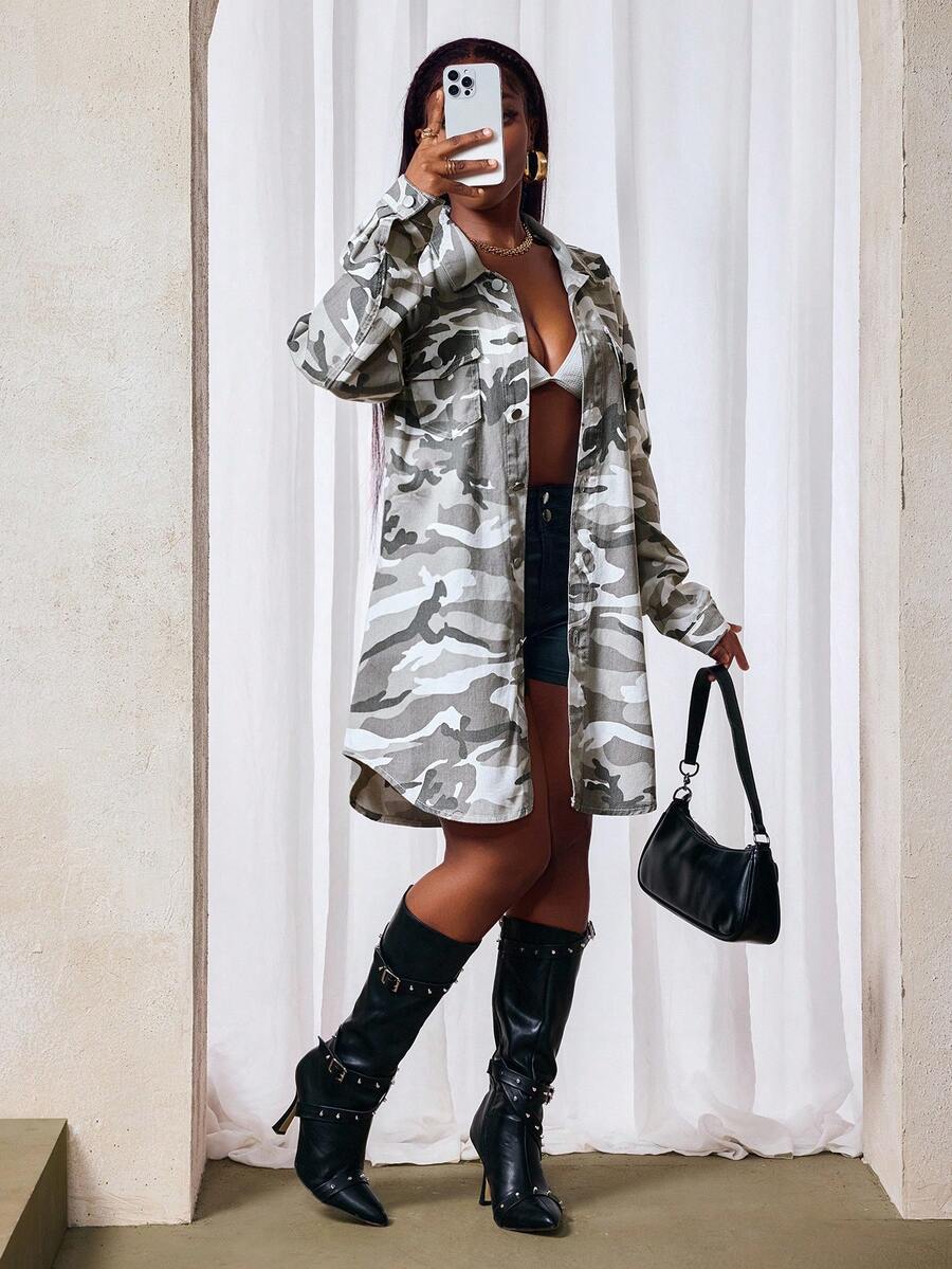 SHEIN SXY 女式迷彩图案长袖单排扣长款休闲牛仔夹克 - 彩色 - 查看 1