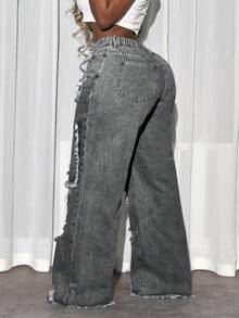 Slaydiva Plus Size Distressed Pocket Casual Loose Fit Jeans - Dark Grey - View 2