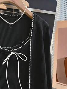 INAWLY Bộ 2 món áo hai dây và áo khoác cardigan thời trang nữ thanh lịch, giản dị, lãng mạn - màu đen - Xem 4