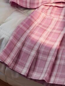 SHEIN Elladie kids 3件套女童春夏JK风格子衬衫百褶裙甜美辣味两件套服装适合旅行和表演 - 粉色 - 查看 8