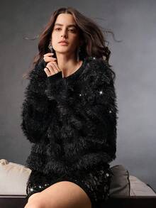 Anewsta Hanorac elegant pentru femei, cu guler rotund, negru, cu dungi, potrivit pentru Crăciun, petrecere de Revelion, iarnă - Negru - Vizualizare 2