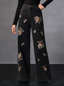 Anewsta Heavy Embroidery Denim Black Straight Leg Jeans - Black - View 7