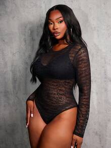 SHEIN SXY Plus Size Women's Sexy Street Letter Pattern Transparent Mesh Black Tight And Sexy Long-Sleeve Bodysuit (No Bra)/Fall/Winter